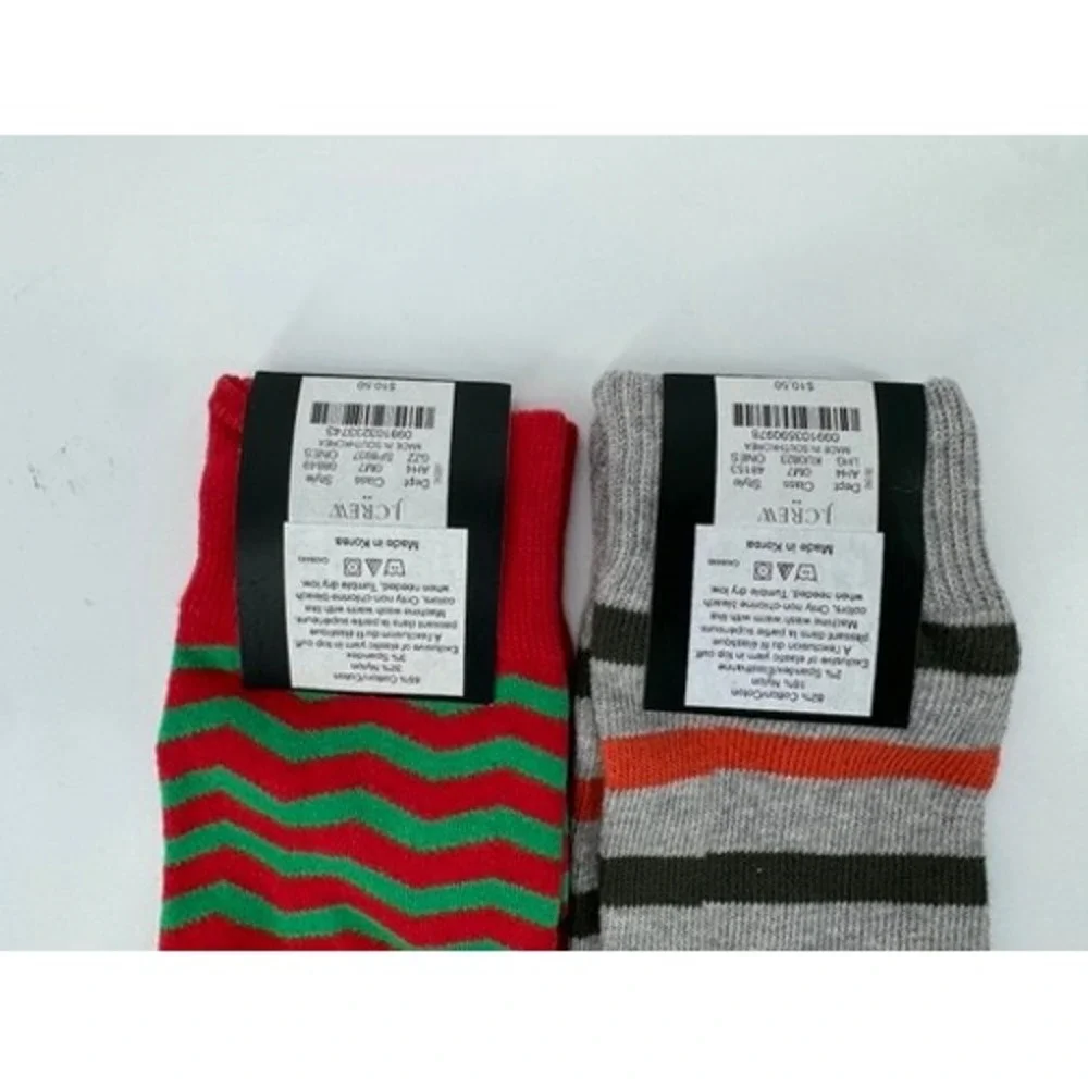 J.Crew Crew Socks Mens 2 Pack One Size Red Green Chevron Grey Striped Lot 2 New